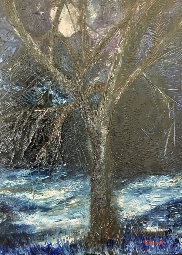 Oil painting Single tree at night